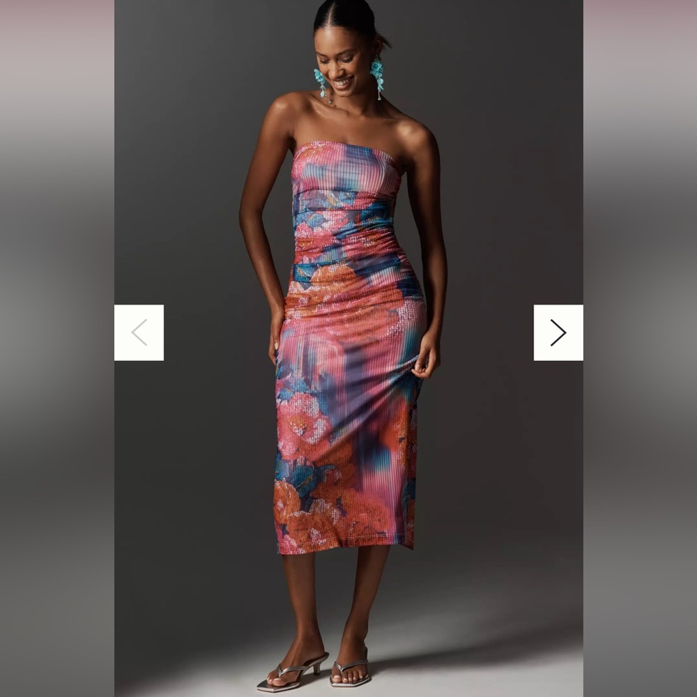 Anthropologie The Soleil Slim Strapless Ruched Mesh Dress Midi Pink Size XS NWT
